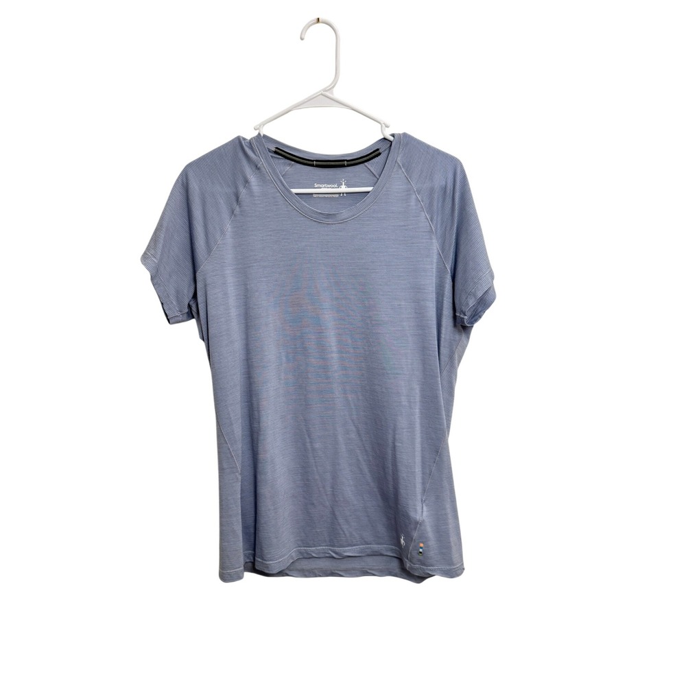 Smartwool Merino 150 Base Layer Top Womens Large Blue Striped Short Sleeve Shirt